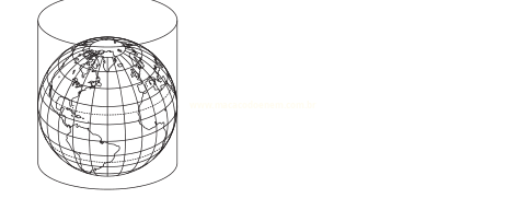 Globo terrestre envolvido por um cilindro vertical tangente à região do equador.