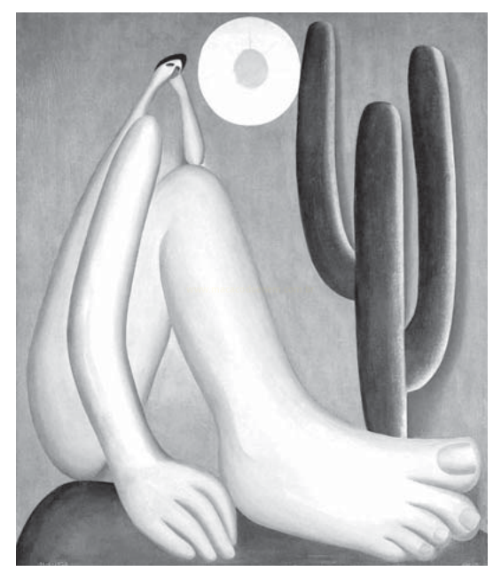 Pintura em preto e branco com figura humana de membros exageradamente alongados, um círculo claro e um cacto ao fundo.