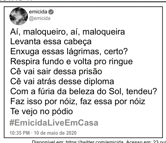 Captura de tela de uma publicação de @emicida no Twitter, com versos de apoio e a hashtag #EmicidaLiveEmCasa, de 10 de maio de 2020.