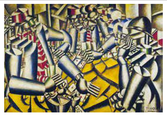Pintura cubista com grandes formas cilíndricas cinza-azuladas, faixas com listras vermelhas e brancas e base amarela geométrica.