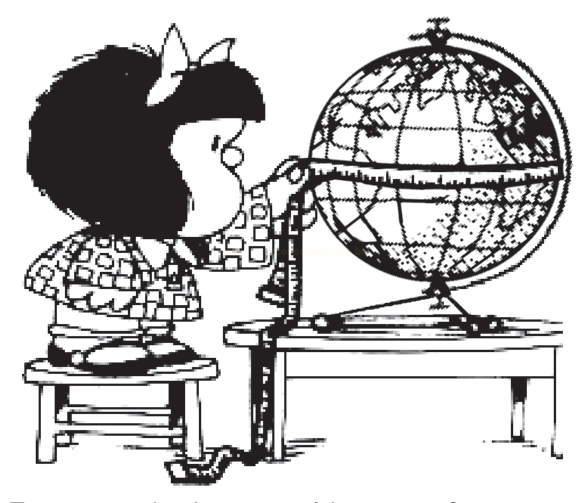 Ilustração em preto e branco de uma menina sentada em um banquinho observando um globo terrestre sobre uma mesa.