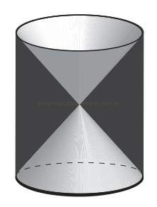 Cilindro transparente com dois cones opostos pelo vértice inscritos, formando uma ampulheta.
