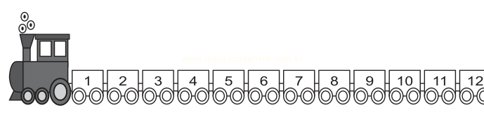 Ilustração de uma locomotiva puxando doze vagões numerados de 1 a 12.