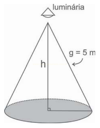 Esquema de um cone iluminado por uma luminária, com altura h e geratriz g = 5 m indicadas.