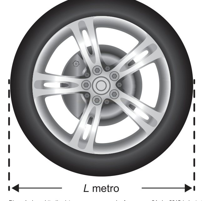 Ilustração de uma roda de automóvel com linhas tracejadas laterais e a medida 'L metro' indicando o diâmetro.