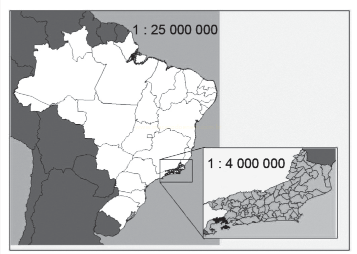 Mapa do Brasil com estados e, ao lado, a ampliação de um estado litorâneo em escala maior.