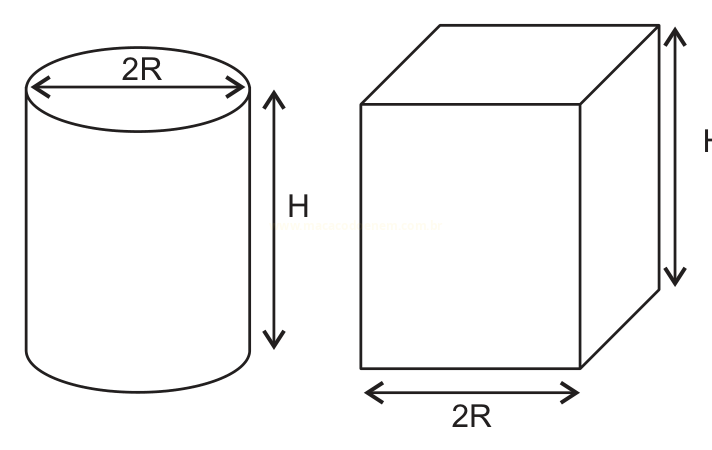 Desenho de um cilindro e de um cubo com medidas indicadas por 2R na base e H na altura.