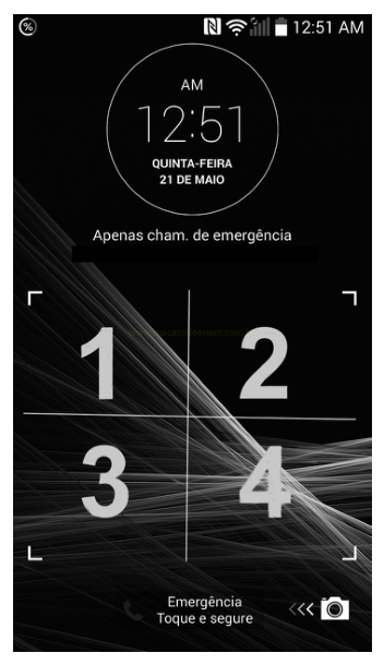 Tela de celular mostrando a interface de chamada de emergência com relógio 12:51 e os números 1, 2, 3 e 4.