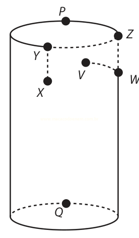 Cilindro em perspectiva com os pontos P, Q, X, Y, Z, V e W marcados no topo, na base e na superfície.