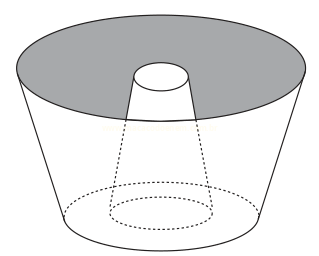 Desenho em perspectiva de um tronco de cone com furo circular no topo e bordas internas tracejadas.