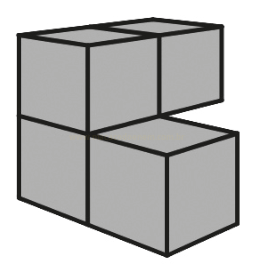Desenho isométrico de três cubos: dois lado a lado em cima e um à frente embaixo.