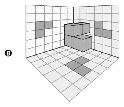 Desenho isométrico de um canto de sala quadriculado com cubos empilhados e quadrados cinza nas paredes e no piso.