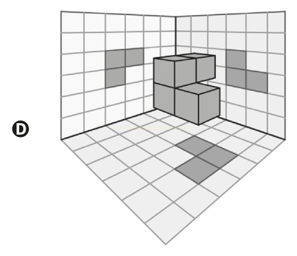 Desenho isométrico de um canto de sala quadriculado com cubos empilhados e quadrados cinza nas paredes e no piso.
