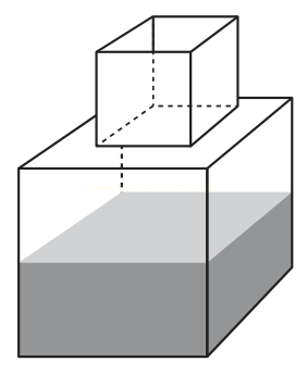 Desenho em perspectiva de um cubo apoiado sobre um recipiente retangular parcialmente cheio de líquido.