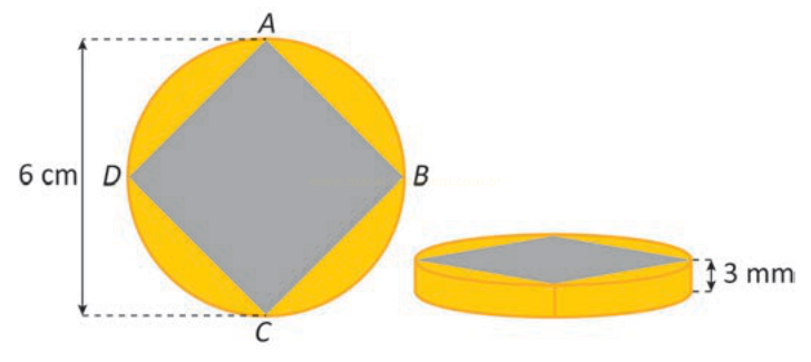 Desenho de um círculo amarelo de 6 cm com quadrado cinza inscrito ABCD e sua versão em disco de 3 mm de espessura.