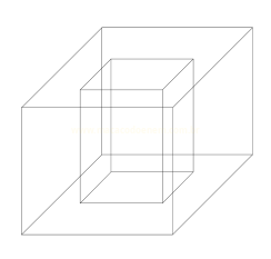 Desenho de um cubo em perspectiva com outro cubo menor em seu interior.