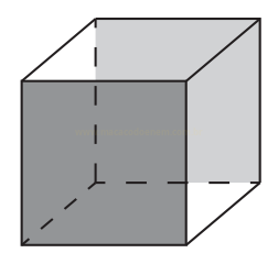 Desenho de um cubo em perspectiva, com faces sombreadas em cinza e arestas ocultas tracejadas.