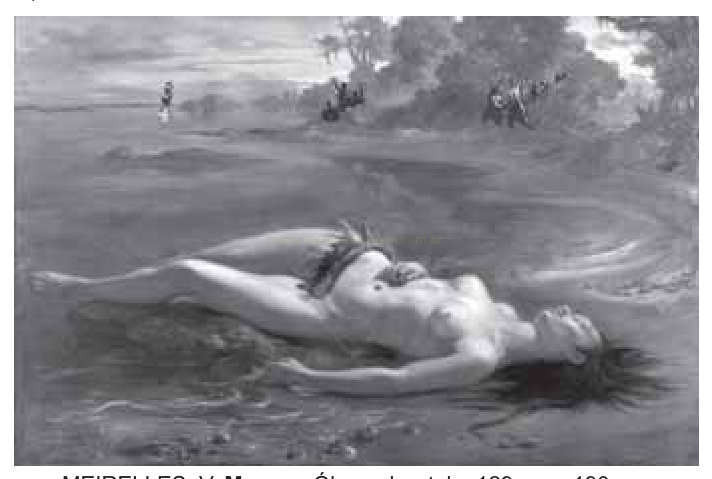 Pintura em preto e branco de uma mulher nua deitada no chão, com pequenas figuras ao fundo.