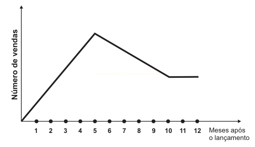Gráfico de linha com pico no mês 5, queda até o mês 10 e patamar constante até o mês 12.