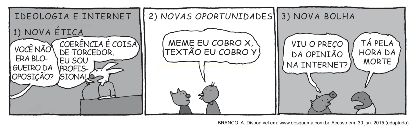 Tira em preto e branco com três quadros sobre ideologia e internet, com personagens e balões de fala.