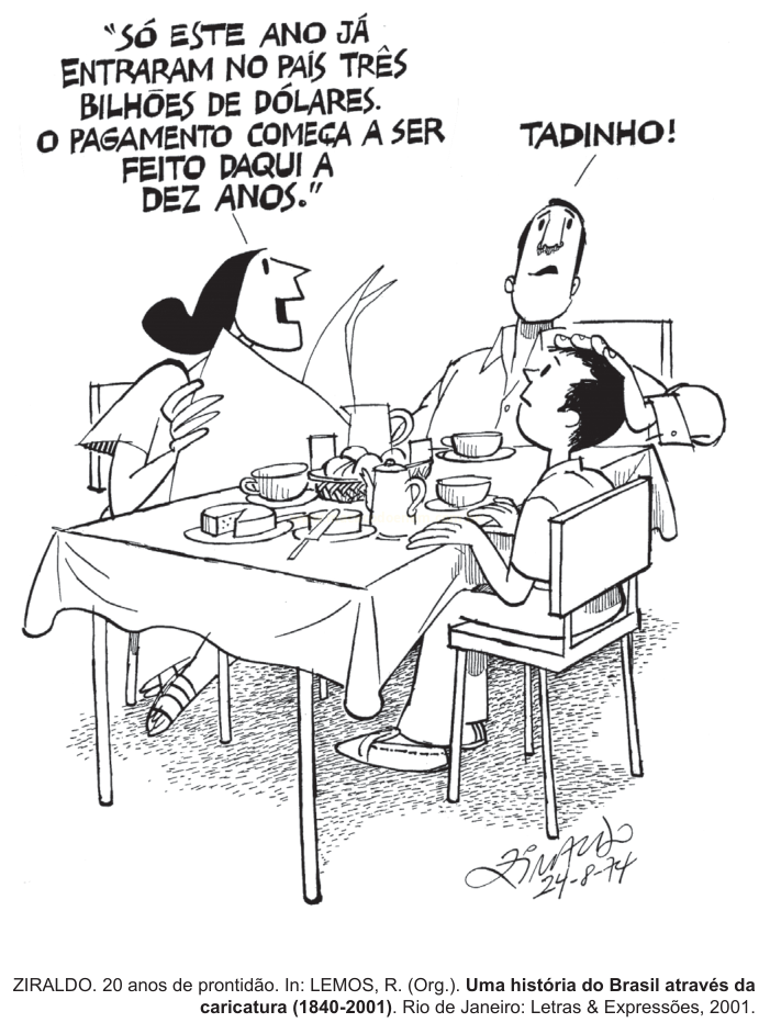 Charge de Ziraldo com uma família à mesa: a mulher fala sobre três bilhões de dólares que entraram no país e o homem comenta 'Tadinho!'.