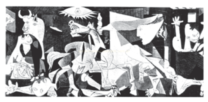 Reprodução em preto e branco de uma pintura cubista com touro, cavalo e figuras humanas fragmentadas.
