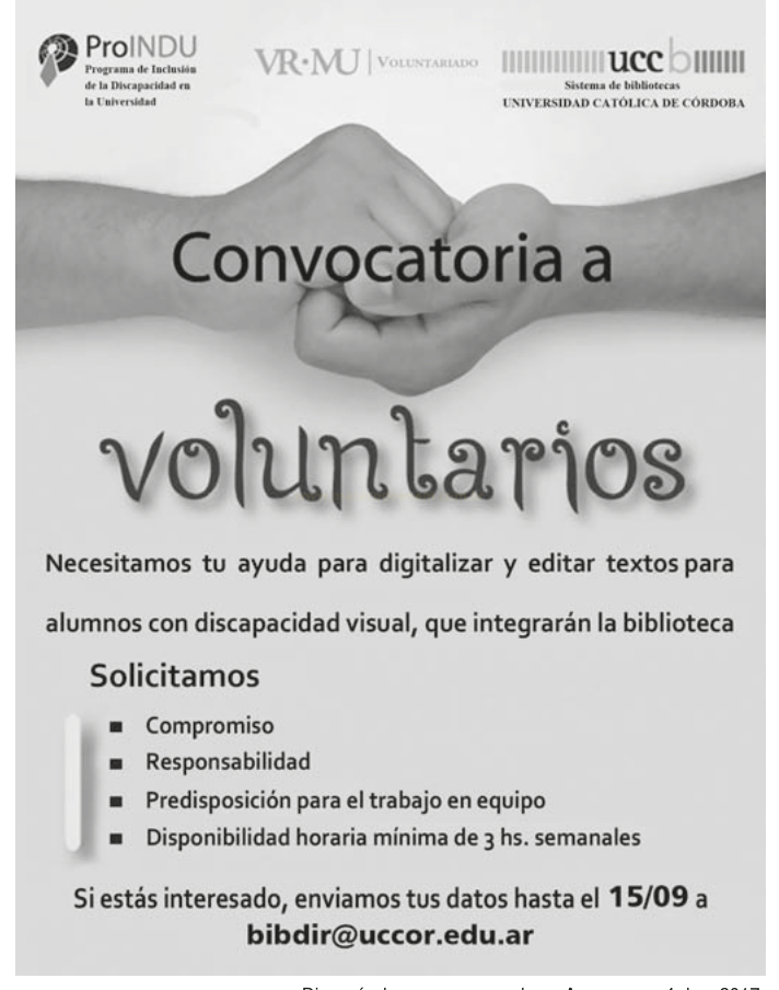 Cartaz em espanhol convocando voluntários para digitalizar textos para alunos com deficiência visual.