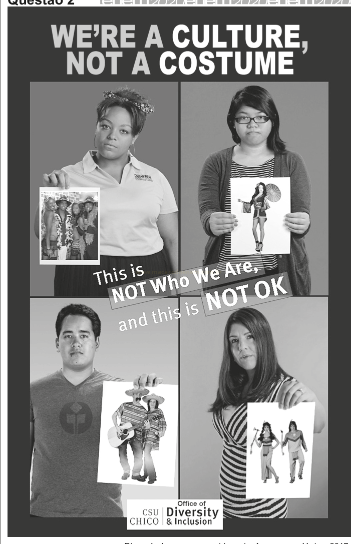Cartaz em preto e branco com quatro pessoas segurando imagens de fantasias, com a frase "We're a culture, not a costume".