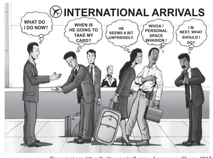 Charge em preto e branco sobre desembarque internacional, com seis pessoas e balões de pensamento em inglês.