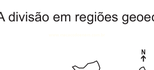 Fragmento com o início do texto “A divisão em regiões geoe”, contornos de mapa e uma seta indicando o norte.
