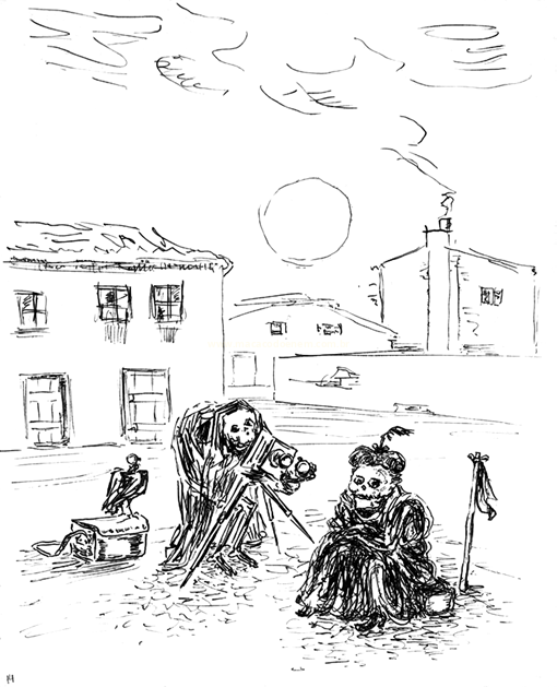 Desenho a traço de duas figuras sentadas no chão, um papagaio sobre uma caixa e casas ao fundo.