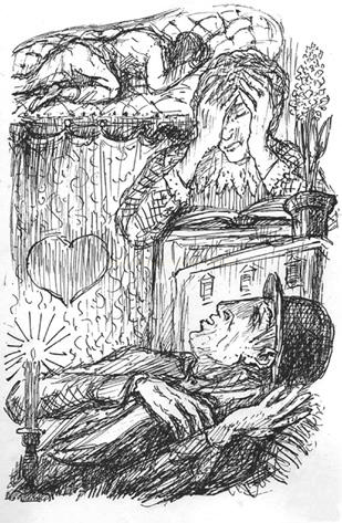 Desenho a traço com uma pessoa deitada em uma cama, alguém sentado com as mãos na cabeça e uma figura deitada com vela ao lado.