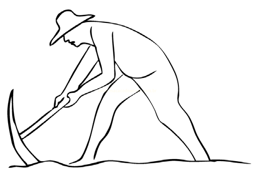 Desenho de linha de um homem de chapéu curvado usando uma enxada no solo.