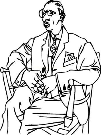 Desenho a traço de um homem de óculos, paletó e gravata, sentado em uma cadeira.