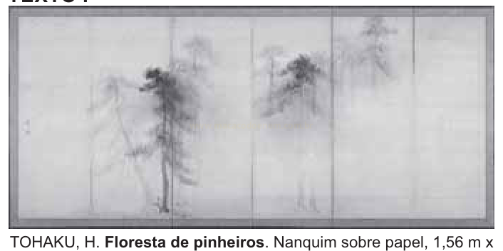 Pintura em nanquim de uma floresta de pinheiros na névoa, dividida em painéis, com legenda de referência.