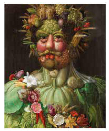 Pintura de um rosto humano formado por frutas, legumes, folhas verdes e flores coloridas.
