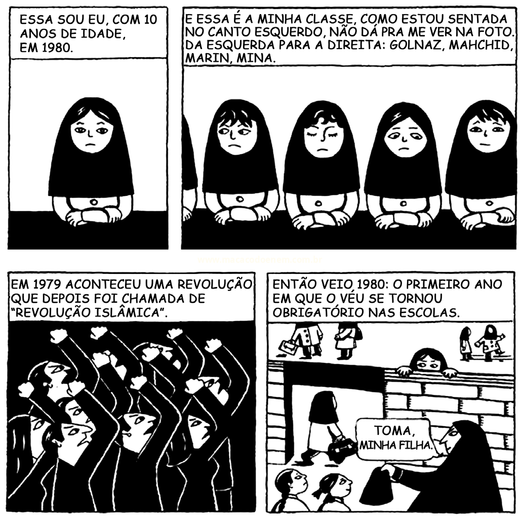 Tira de quadrinhos em preto e branco, em quatro quadros, sobre uma menina, sua classe e a obrigatoriedade do véu nas escolas em 1980.