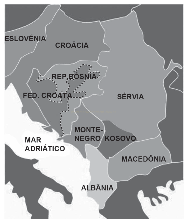 Mapa dos Bálcãs em tons de cinza com Eslovênia, Croácia, Bósnia, Sérvia, Montenegro, Kosovo, Macedônia e Albânia.