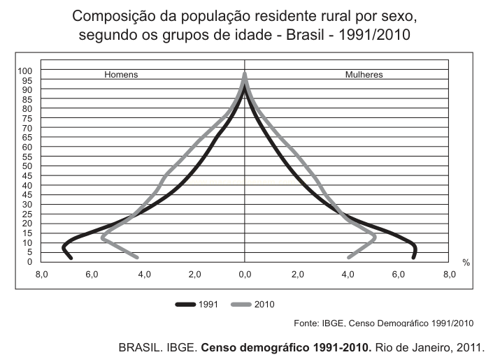 Pirâmide etária da população rural brasileira em 1991 e 2010, separada por sexo e faixas de idade.