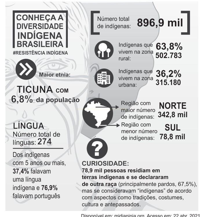 Infográfico com dados sobre a população indígena brasileira: total, zonas rural e urbana, línguas e regiões.