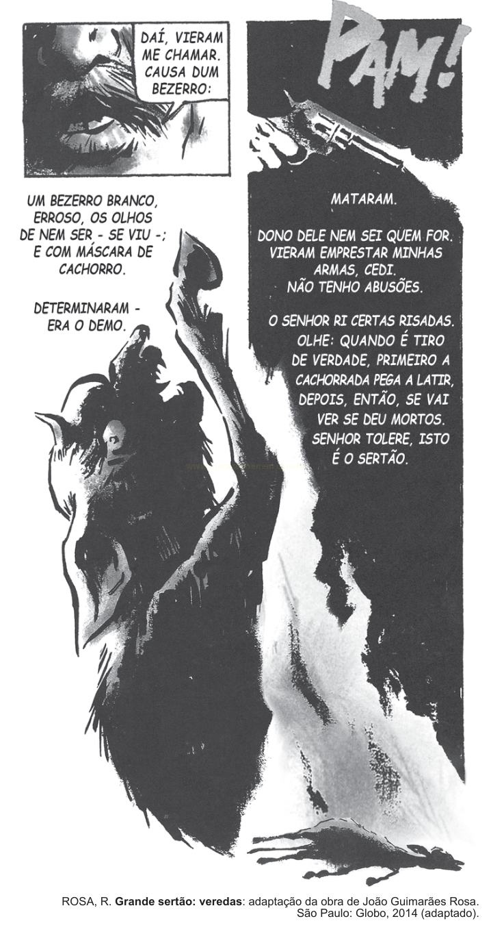 Página de quadrinhos em preto e branco com uma figura escura, arma disparando e textos narrativos.
