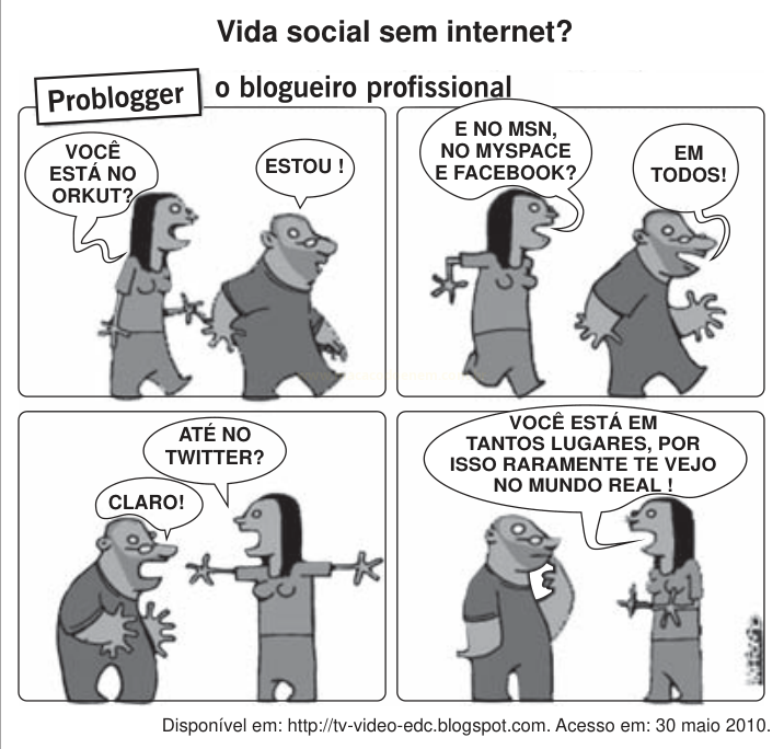 Tira em quatro quadros com um homem e uma mulher falando sobre redes sociais e sobre se encontrarem no mundo real.