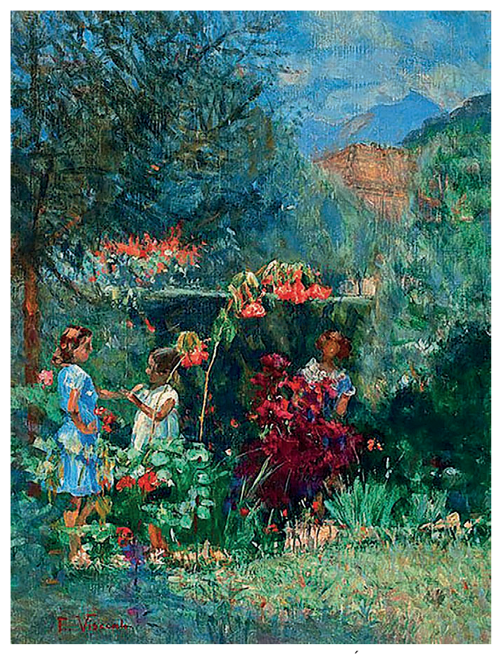 Pintura impressionista de três meninas em um jardim florido, com árvores e céu azul ao fundo.
