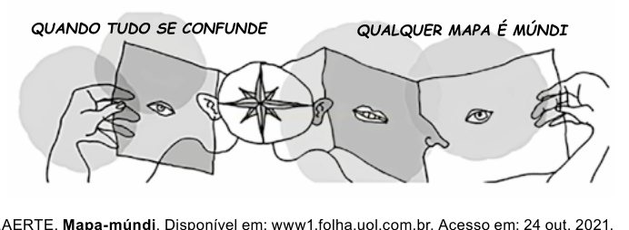 Ilustração em preto e branco com mãos segurando pedaços de mapa que têm olhos desenhados, e uma rosa dos ventos ao centro.