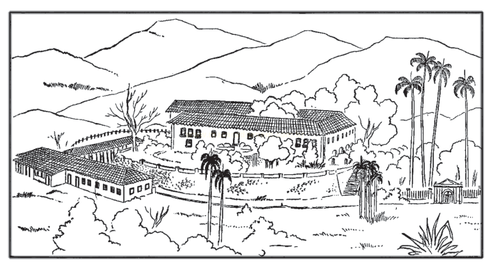 Desenho a traço de uma propriedade rural com casa-grande, pátio murado, palmeiras e montanhas ao fundo.