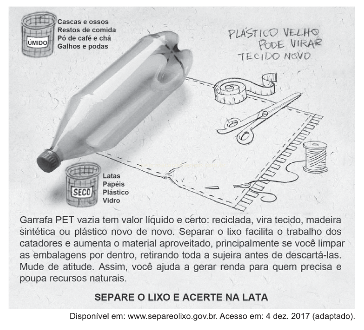 Infográfico sobre reciclagem de garrafa PET, com lixeiras de lixo úmido e seco, tesoura e tecido.