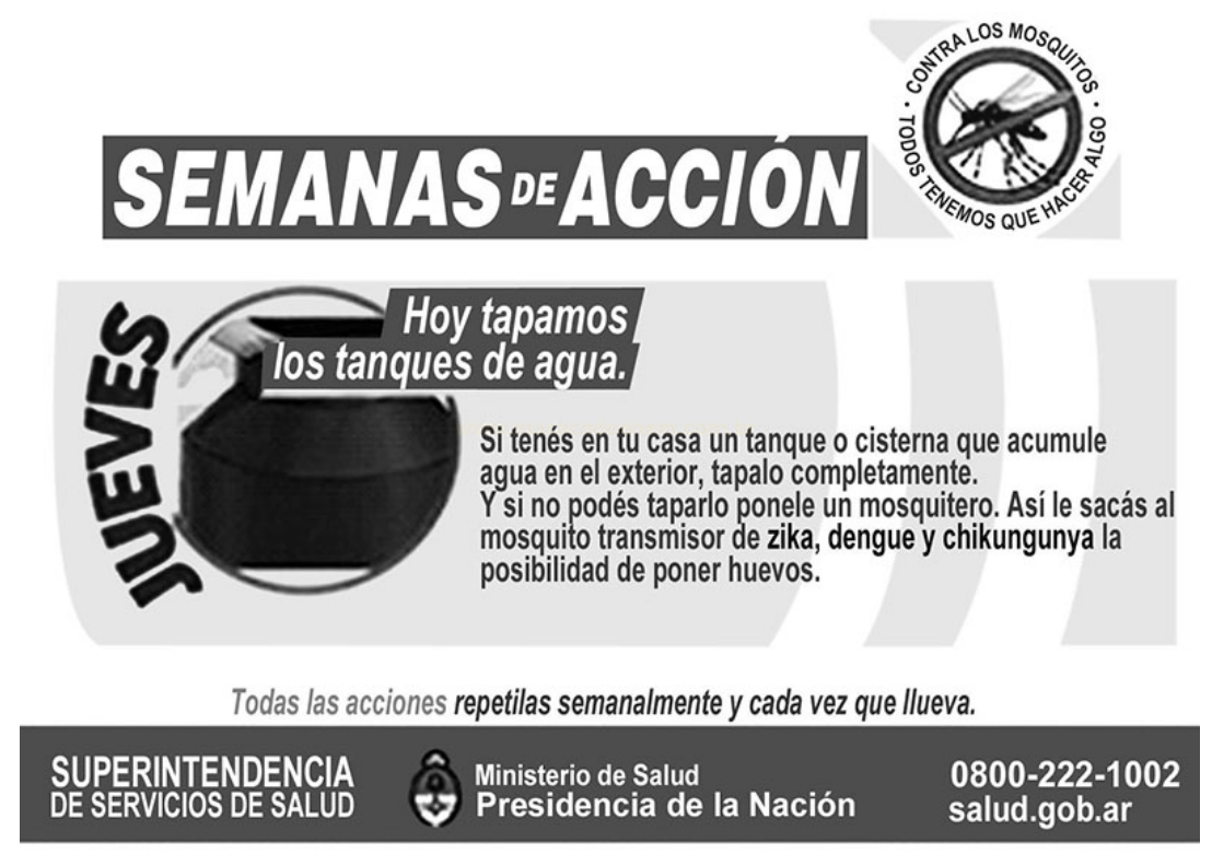 Cartaz em espanhol, em preto e branco, da campanha Semanas de Acción contra o mosquito transmissor de zika, dengue e chikungunya.