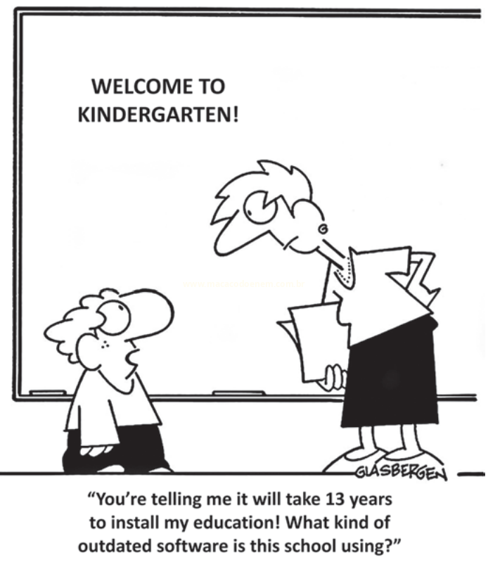 Cartum em preto e branco com uma criança e uma professora diante de uma parede com 'Welcome to kindergarten!'.