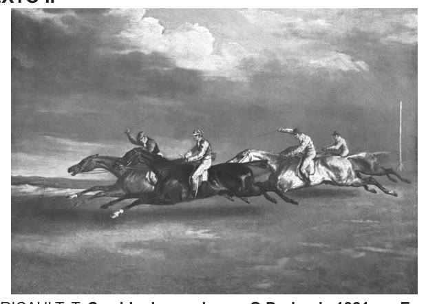 Reprodução de pintura com quatro cavaleiros em corrida de cavalos a galope sob céu nublado.