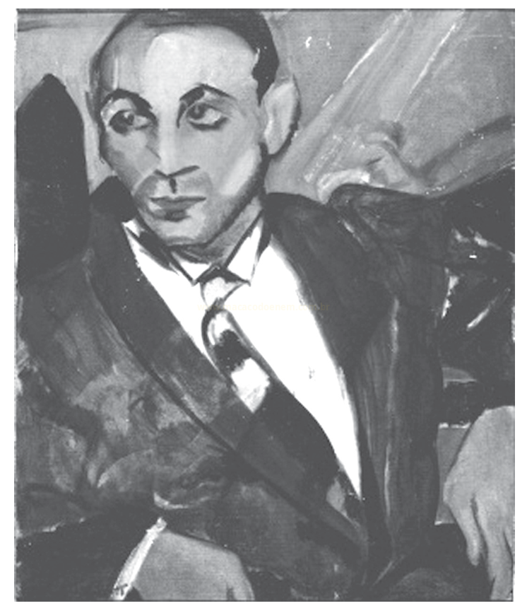 Reprodução em preto e branco de uma pintura retratando um homem de terno e gravata, olhando para o lado.